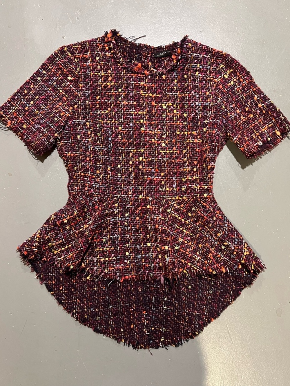 Zara Burgundy Tweed Peplum Top with Multicolor Threading
